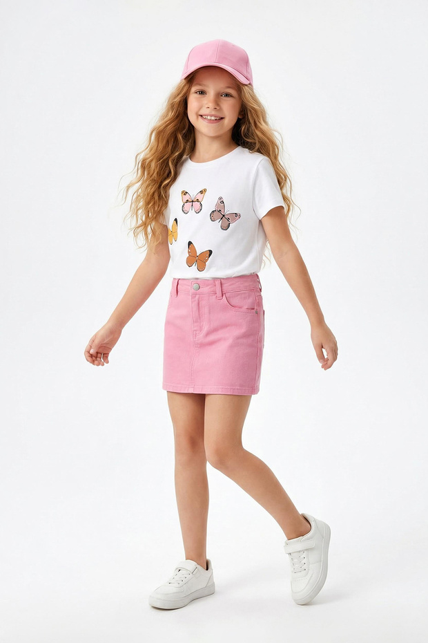 Beyaz Kız Çocuk %100 Pamuk Kelebek Desenli Regular/Normal Kalıp Kısa Kol Örme T-Shirt TKDSS24TS00041 - 1