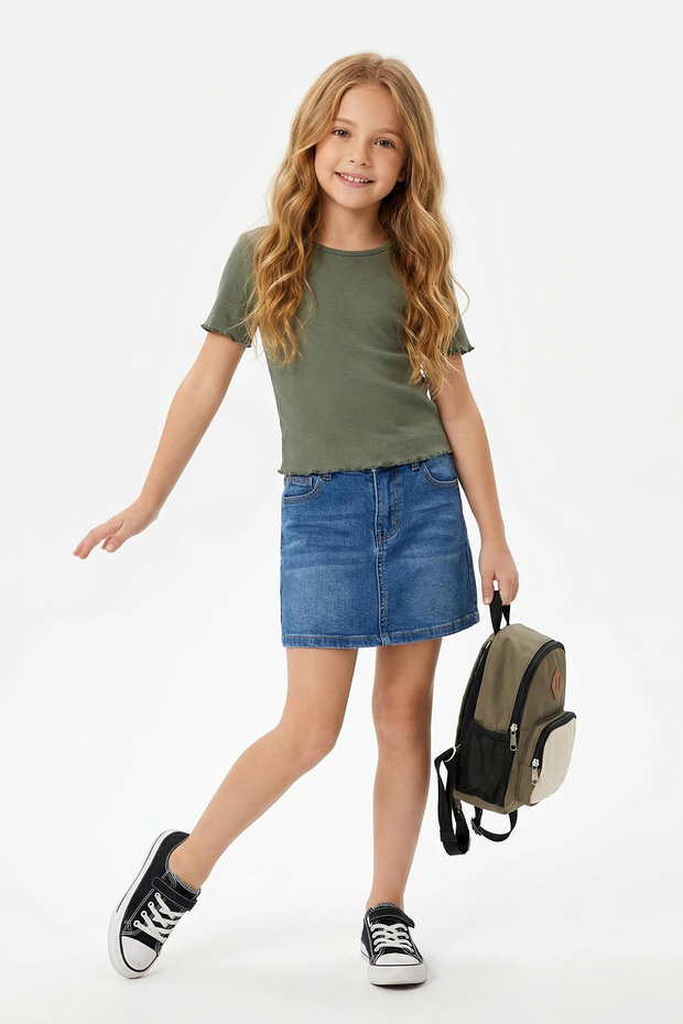 Haki Kız Çocuk Pamuklu Basic Regular Kalıp Fitilli Kısa Kol Örme T-Shirt TKDSS25TS00020 - 1