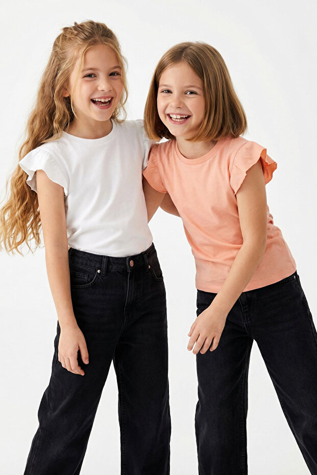 Somon-Ekru 2'li Kız Çocuk %100 Pamuk Basic Fırfırlı Örme T-Shirt TKDSS25TS00011 - 1