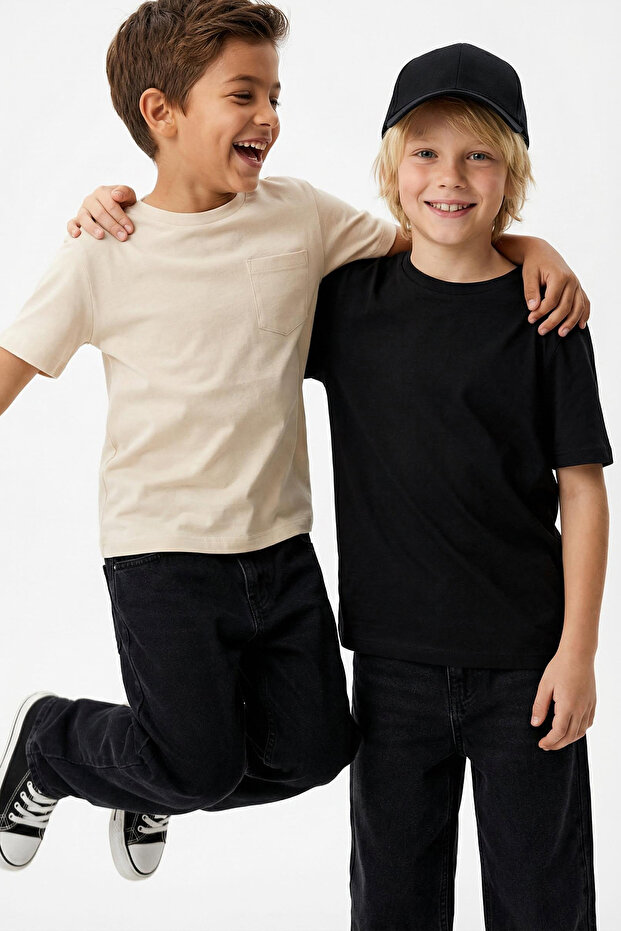 Siyah-Bej 2'li Erkek Çocuk %100 Pamuk Basic Kısa Kol Örme T-Shirt TKDSS25TS00018 - 2