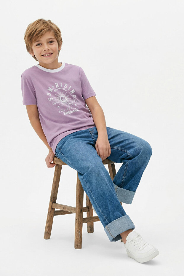 Mor Erkek Çocuk %100 Pamuk Slogan Baskılı Regular Kalıp Kısa Kol Örme T-Shirt TKDSS25TS00042 - 3