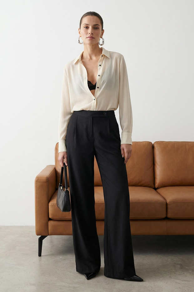Siyah Wide Leg/Geniş Paça Yüksek Bel Pantolon TWOAW26PL00036 - 1