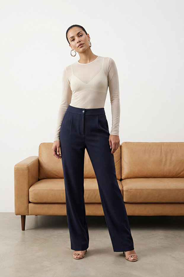 Lacivert Wide Leg/Geniş Paça Dokuma Kumaş Pantolon TWOAW22PL0139 - 1