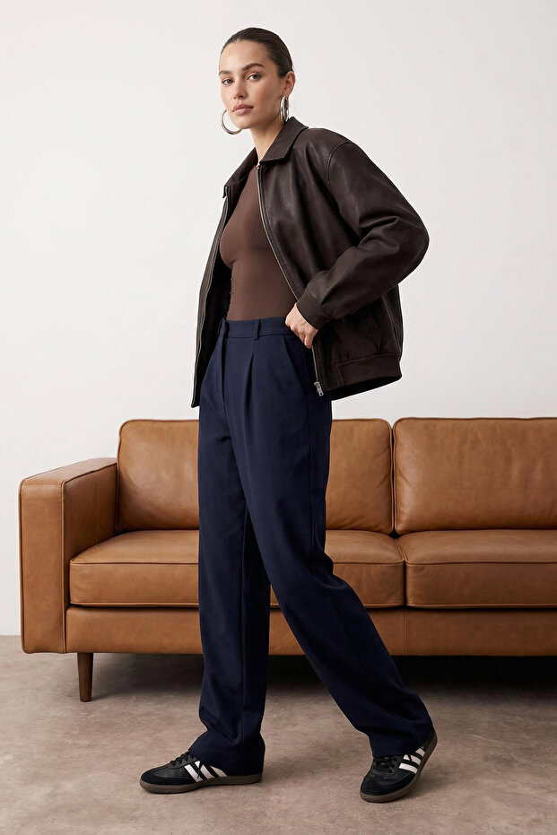 Siyah Wide Leg/Geniş Paça Pileli Dokuma Kumaş Pantolon TWOSS21PL0155 - 1