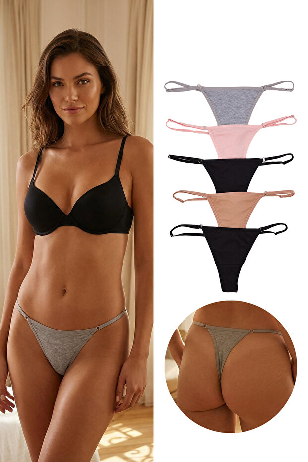 Siyah-Çok Renkli 5'li Paket Ayarlanabilir Bel Pamuklu Tanga Örme Külot THMSS25KU00047 - 1
