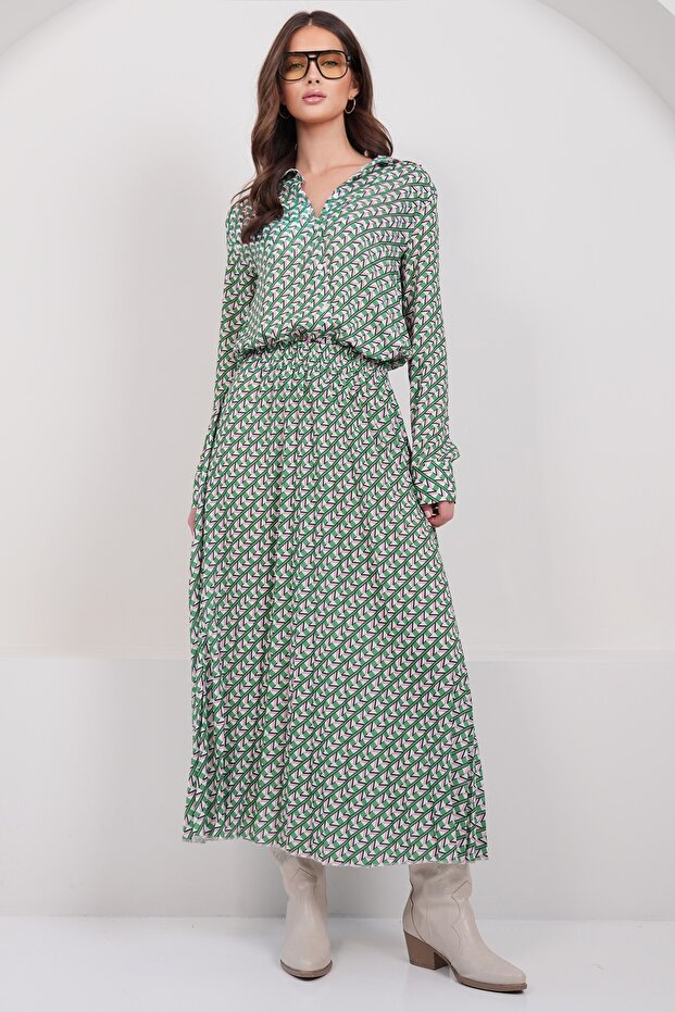 Green-Fuchsia Wide Cuff Oversized Patterned Shirt and Maxi Length Skirt Set