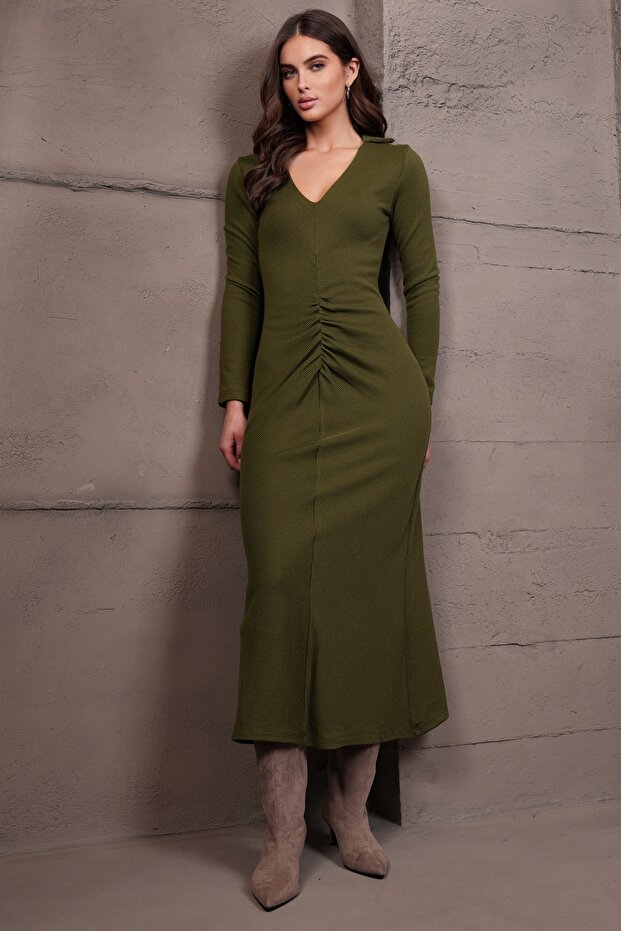 Kadın Haki V Yaka Drape Detaylı Triko Elbise ALC-X14976 - 2