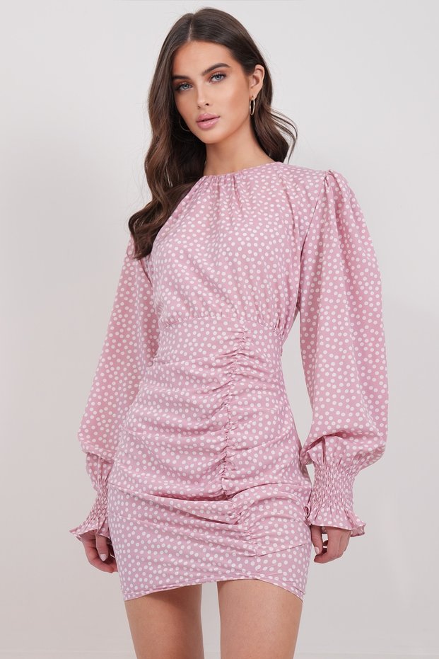 Women's Powder Pink Wide Neckline Drape Detail Polka Dot Midi Length Dress Alc-X15002