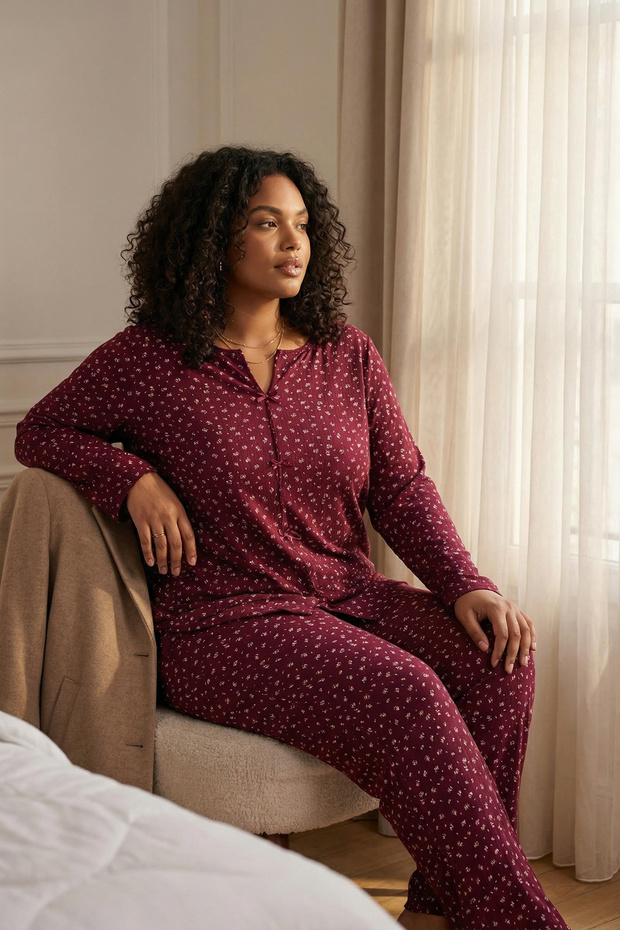 Bordo Çıtır Çiçek Desenli Fiyonklu Kaşkorse Büyük Beden Pijama Takımı TBBAW26AI00059 - 2