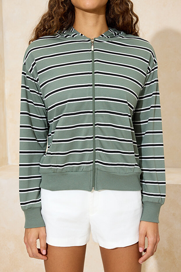 Yeşil Çizgili Regular/Normal Kalıp Kapüşonlu Fermuarlı İnce Örme Sweatshirt TWOSS26SW00003 - 4