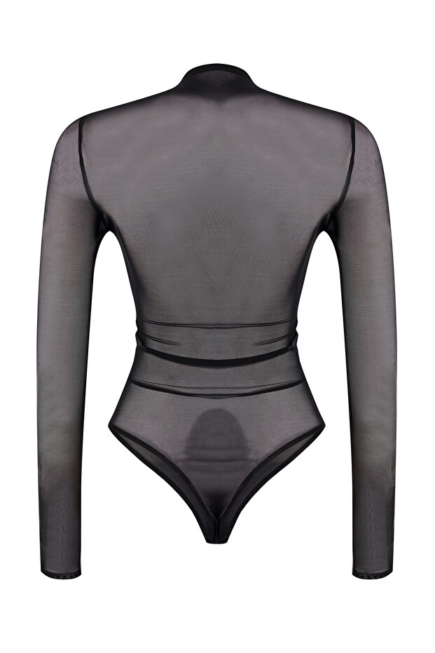 Siyah Tül Degaje Yaka Alttan Çıtçıtlı Party Body TPRSS26BD00002 - 6