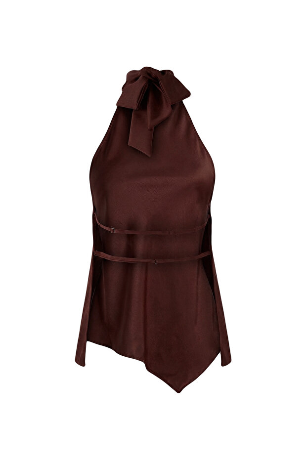 Kahverengi Asimetrik Kesim Halter Yaka Saten Bluz TPRSS26BZ00019 - 6