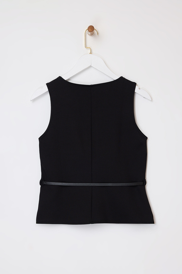 Siyah Fitted/Vücuda Oturan Düğmeli Kolsuz Kemerli İnterlok Örme Yelek TWOSS26YE00015 - 6