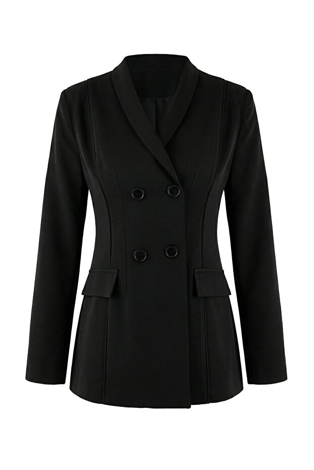 Siyah Dik Yaka Kapama Detaylı Fitted/Vücuda Oturan Astarlı Vatkalı Blazer Ceket TWOSS26BC00007 - 5