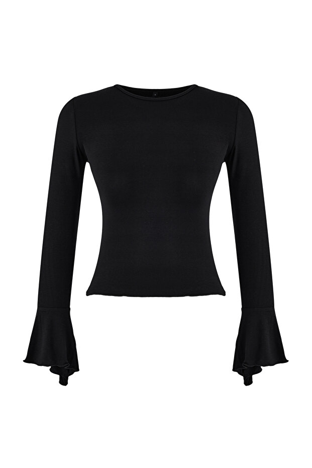 Siyah Fitted/Vücuda Oturan Uzun Kollu Volanlı/Fırfırlı Yumuşak Örme Bluz TWOSS26BZ00152 - 5