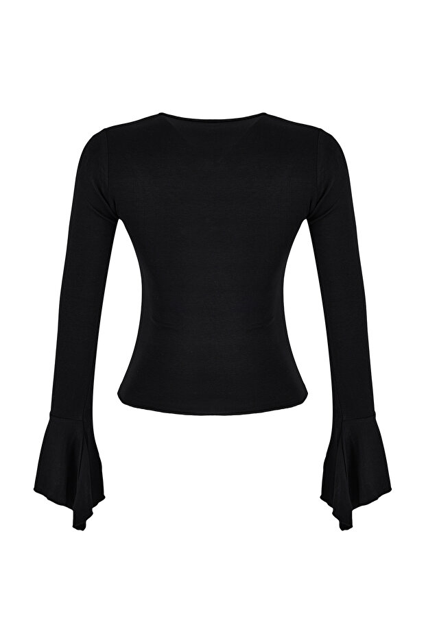 Siyah Fitted/Vücuda Oturan Uzun Kollu Volanlı/Fırfırlı Yumuşak Örme Bluz TWOSS26BZ00152 - 6