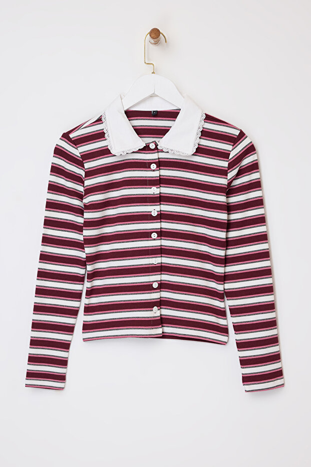 Çok Renkli Çizgili Fitted/Vücuda Oturan Polo Yaka Düğmeli Fitilli Esnek Örme Bluz TWOSS26BZ00067 - 5
