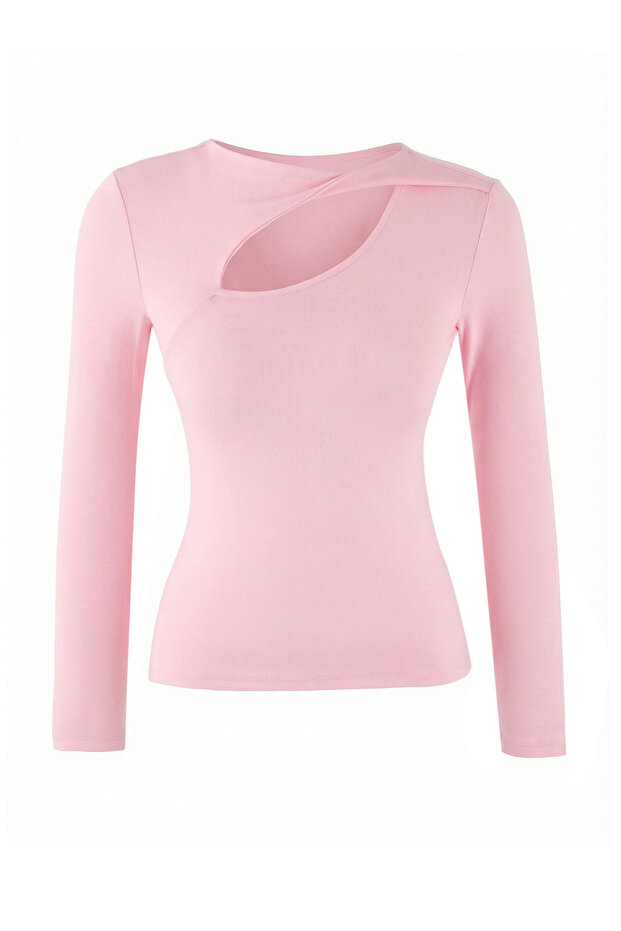 Açık Pembe Fitted/Vücuda Oturan Pencere Detaylı Yumuşak Örme Bluz TWOSS26BZ00247 - 4