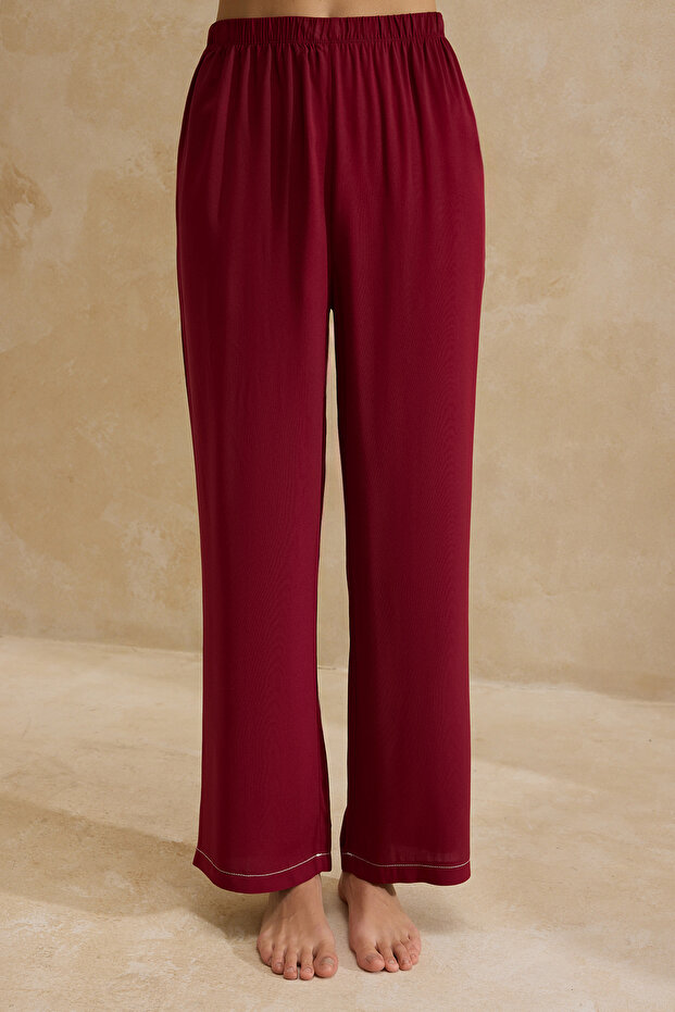 Bordo Dikiş Detaylı Rahat Kalıp Viskon Dokuma Pijama Takımı THMSS26PT00003 - 3
