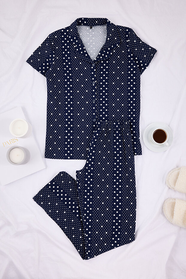Lacivert Pamuklu Likralı Puantiyeli Örme Pijama Takımı THMSS26PT00022 - 6