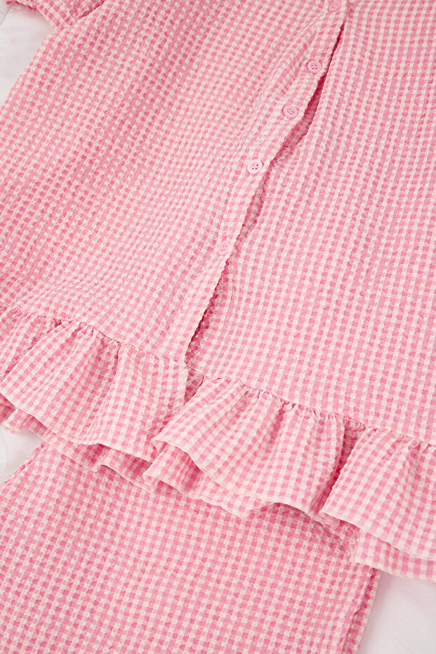 Pembe Ekoseli Fırfırlı Gofre Dokuma Pijama Takımı THMSS26PT00002 - 8