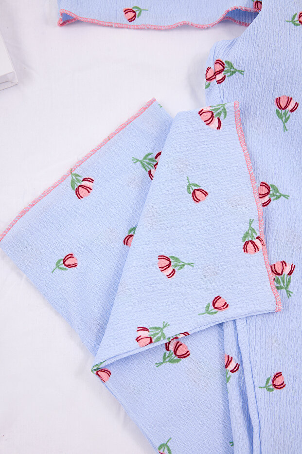 Mavi Çiçekli Dantel Detaylı Bürümcük Dokulu Örme Pijama Takımı THMSS26PT00011 - 6