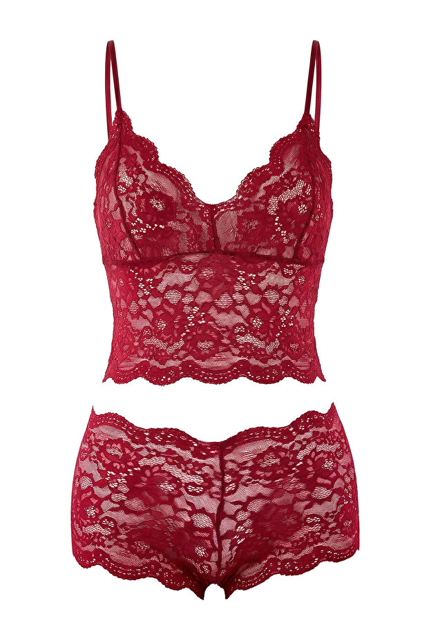 Bordo Saten Dantel Detaylı 4'lü Çeyiz Set Dokuma Pijama Takımı- Külot-Sabahlık THMSS26PT00036 - 9
