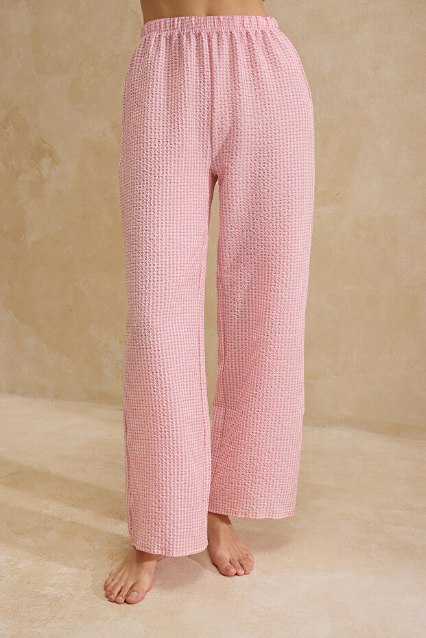 Pembe Ekoseli Fırfırlı Gofre Dokuma Pijama Takımı THMSS26PT00002 - 5