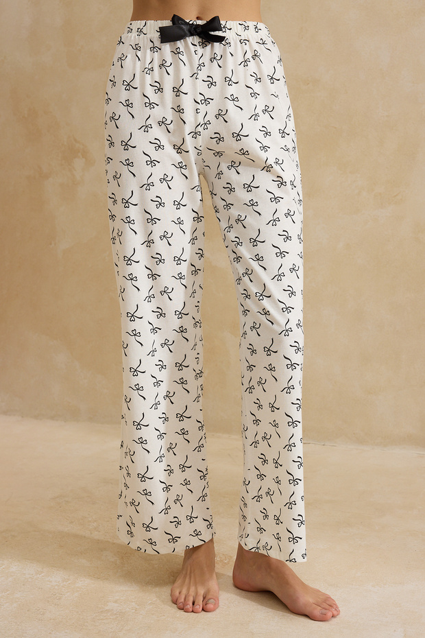 Beyaz %100 Pamuklu Kurdele Desenli Biyeli Örme Pijama Takımı THMSS26PT00026 - 5