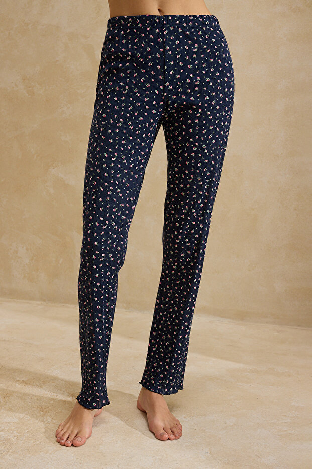Lacivert %100 Pamuklu Çiçekli Kurdele/Fiyonklu Fitilli/Pointel Örme Pijama Takımı THMSS26PT00010 - 5