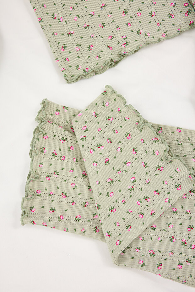 Yeşil %100 Pamuklu Çiçekli Kurdele/Fiyonklu Fitilli/Pointel Örme Pijama Takımı THMSS26PT00010 - 7