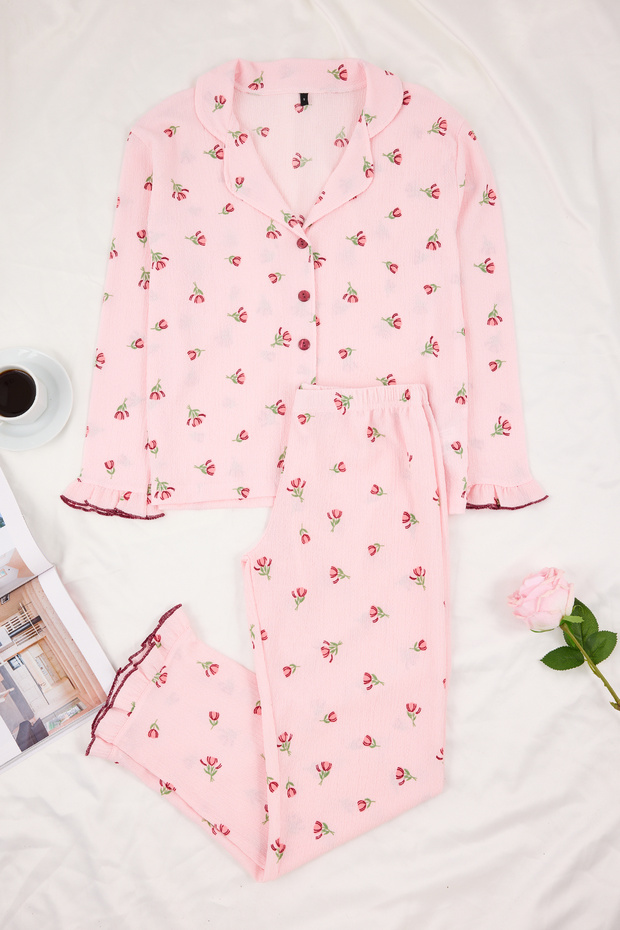 Pembe Çiçekli Fırfır ve Baby Overloklu Bürümcük Dokulu Örme Pijama Takımı THMSS26PT00017 - 5