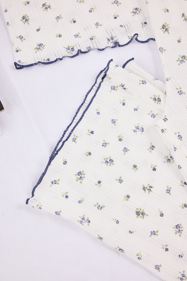 Beyaz %100 Pamuklu Çiçekli Baby Overloklu Fitilli/Pointel Örme Pijama Takımı THMSS26PT00012 - 9