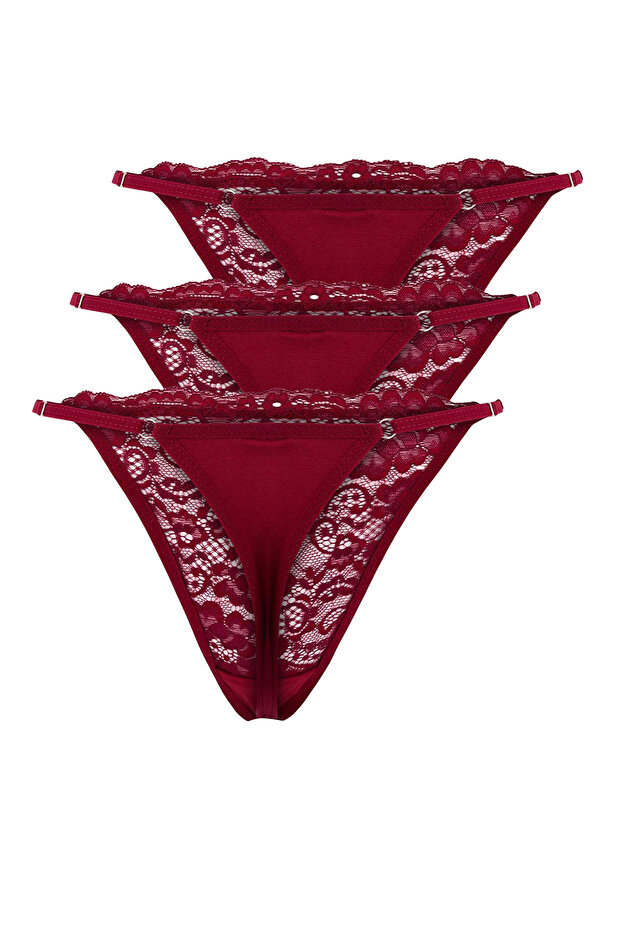 Bordo 3'lü Dantel Tanga Ajurlu Tanga Külot THMSS25KU00006 - 7