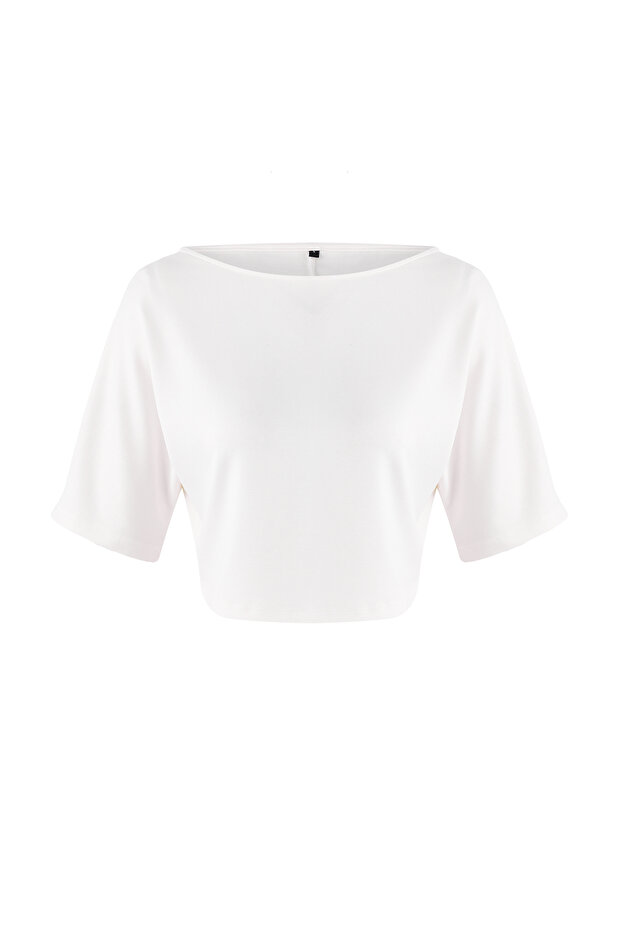 Ekru Relaxed Kayık Yaka Yarasa Kol Truvakar Crop Soft Touch Örme Bluz TWOSS26BZ00059 - 5