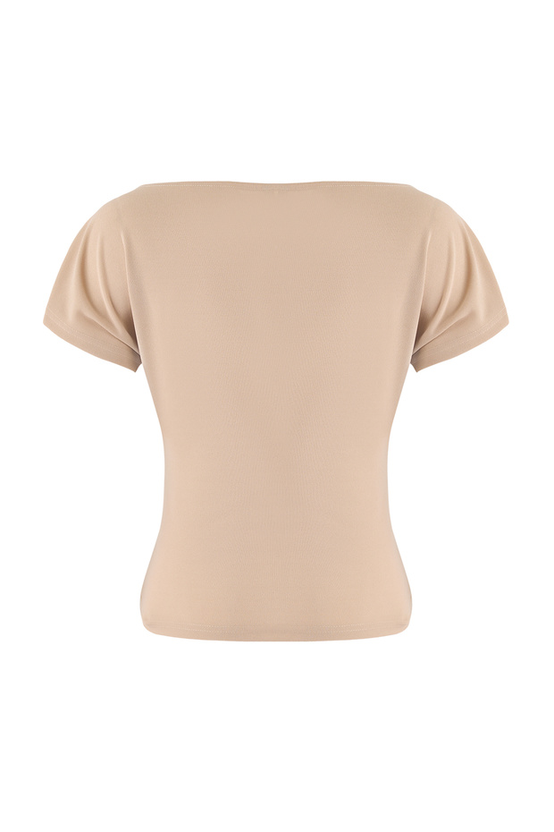Taş Fitted/Vücuda Oturan Kayık Yaka Düşük Kol Kısa Kollu Scuba Krep Örme Bluz TWOSS26BZ00080 - 6