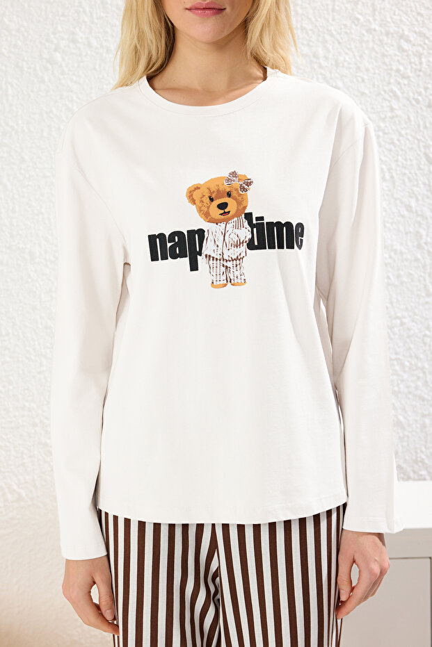Kadın Couple/Çift Ekru %100 Pamuklu Çizgili Ayıcıklı Örme Pijama Takımı THMAW25PT00171 - 4