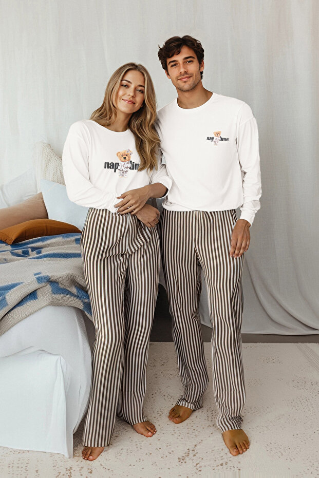 Kadın Couple/Çift Ekru %100 Pamuklu Çizgili Ayıcıklı Örme Pijama Takımı THMAW25PT00171 - 1