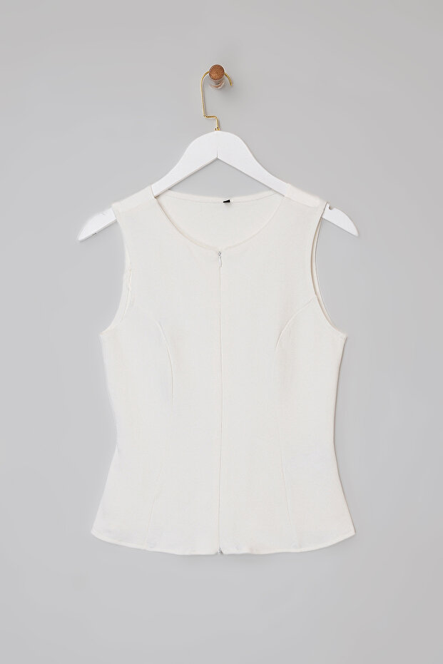 Wardrobe Essentials-Ekru Fitted/Vücuda Oturan Fermuarlı Kolsuz İnterlok Örme Bluz TWOSS26BZ00012 - 5