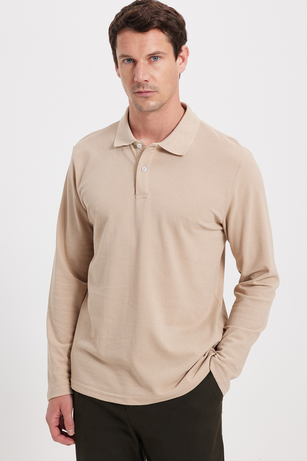 Men's standard fit comfortable cut cotton soft textured plain pike long sleeve stone polo collar sweatshirt