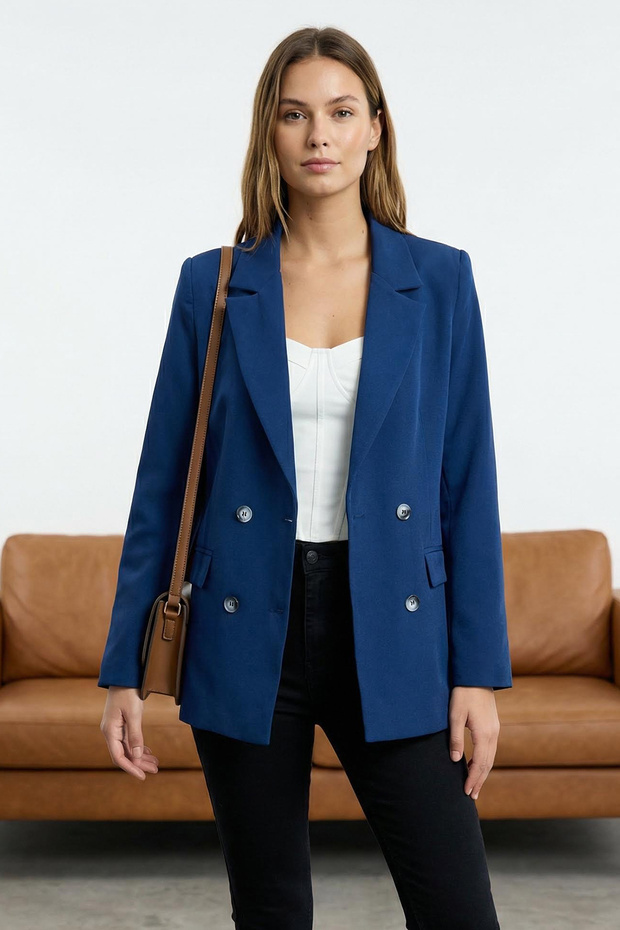 Indigo Regular Astarlı Kruvaze Kapama Dokuma Blazer Ceket TWOAW21CE0264 - 1