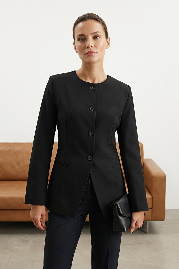 Siyah Yuvarlak / Bisiklet Yakalı Fitted Bele Oturan Dokuma Blazer Ceket TWOAW25BC00009 - 1