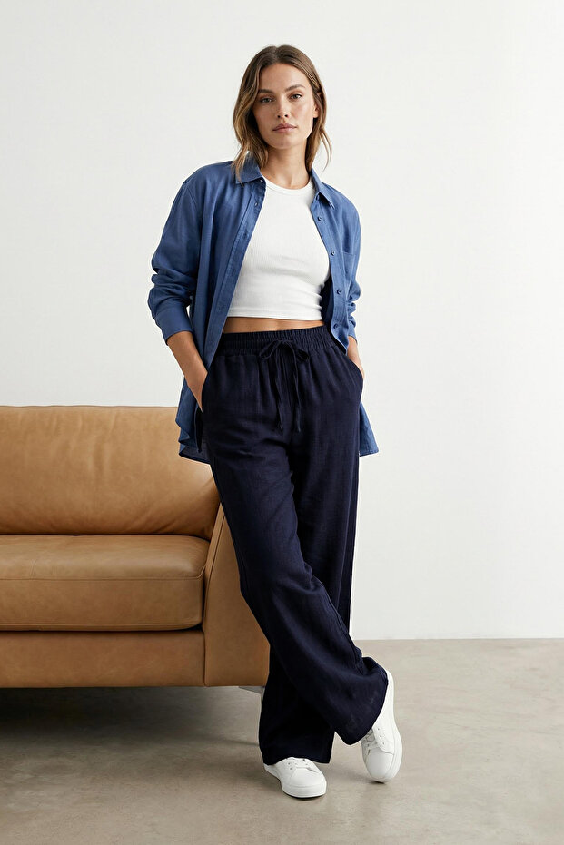 Lacivert Keten Görünümlü Wide Leg/Geniş Paça Şort Astarlı Beli Lastikli Pantolon TWOSS25PL00121 - 1