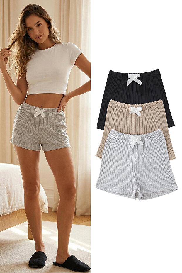 Siyah-Gri-Bej 3'lü Paket Pamuklu Kurdele/Fiyonklu Fitilli Örme Pijama Altı THMSS25PJ00044 - 1