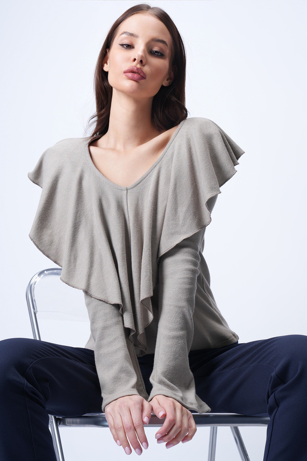 Women's Mink Deep V-Neck Flounce Knitted Blouse Alc-X15023