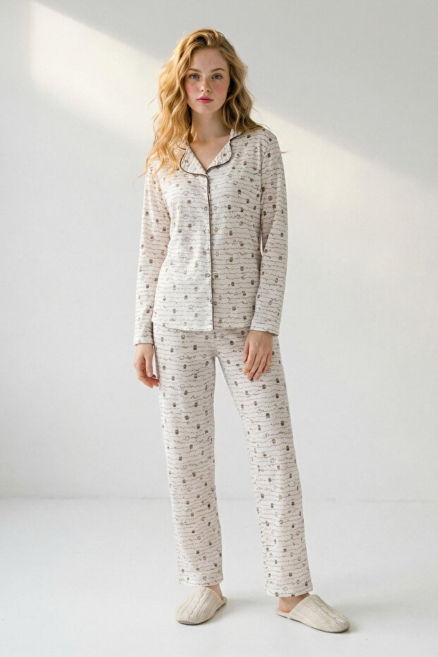 Kahverengi Pamuklu Animal Biyeli Fitilli Örme Pijama Takımı THMSS26PT00078 - 3