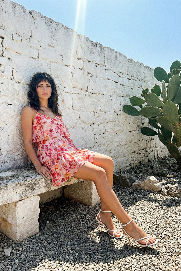 Pembe Çiçek Desenli Belden Açılan Boho Astarlı Şifon Uçuş Uçuş Dokuma Mini Elbise TWOSS23EL01445 - 1