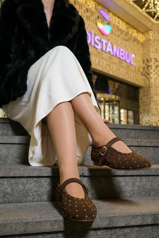 Brown Suede Genuine Leather Women's Ballerinas 20996