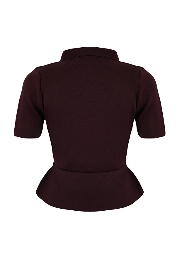Mürdüm Peplum/Belden Oturmalı Düğme Detaylı Triko Bluz TWOSS26BZ00158 - 5