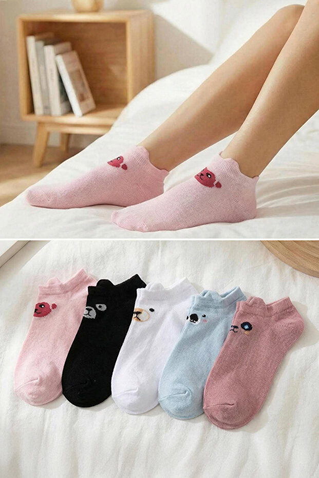 Mavi-Çok Renkli 5'li Paket Pamuklu Baskılı Örme Patik Çorap THMAW22CO0231 - 1
